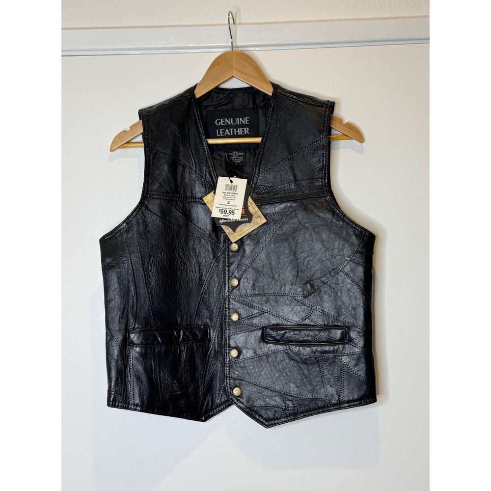 Giovanni Navarre Mens S Black Genuine Leather Patchwork Biker Vest